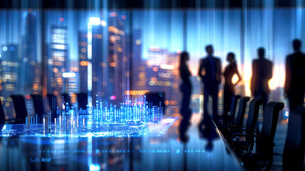 Collaboration in a boardroom with a digital holographic architectural model on a table with silhouettes of people office team in the background