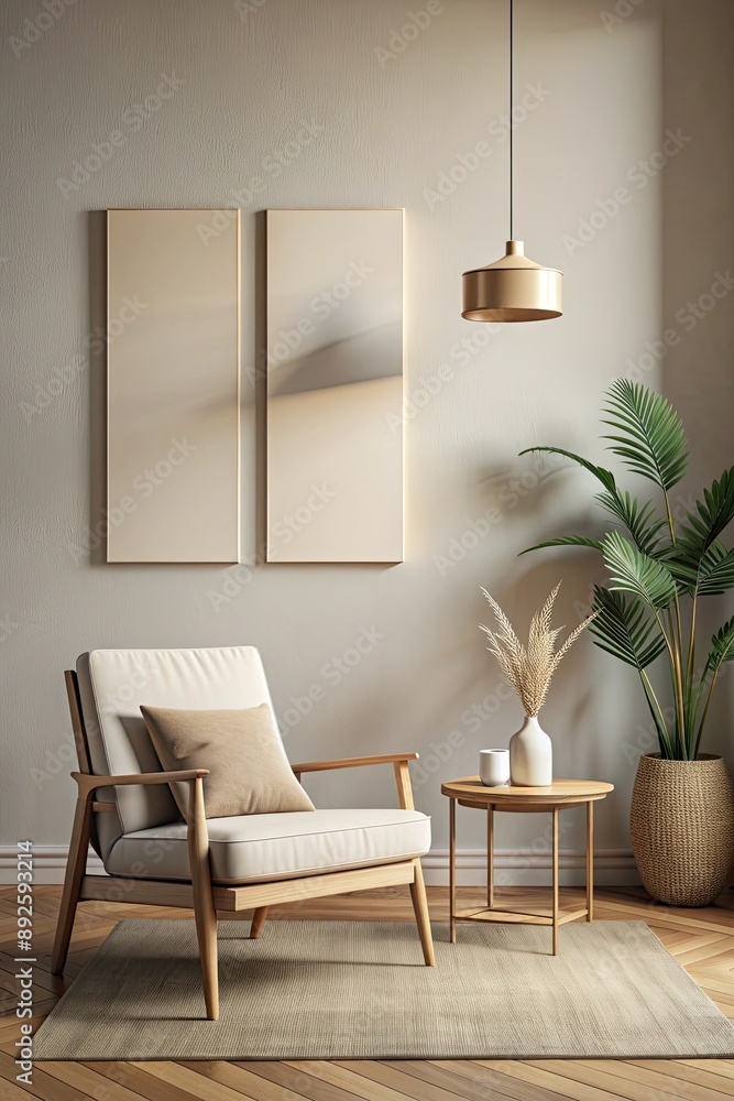 Wall mural Modern living room with minimalist decor and plants.