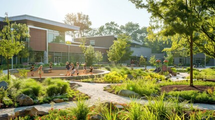 A green schoolyard with children playing in a safe, clean, and natural environment