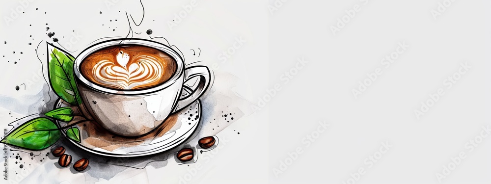 Sticker  A depiction of a cup of coffee on a saucer, adorned with coffee beans and a verdant leaf, against a pristine white background