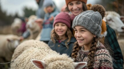 Obraz premium A family visiting a farm, with children petting animals and parents looking on