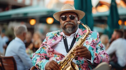 Fototapeta premium A saxophonist dressed in a floral jacket and hat plays the saxophone, adding a lively and vibrant atmosphere to an outdoor cafe, surrounded by a bustling crowd.