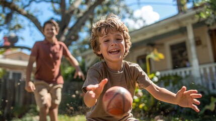 Fototapeta premium A family playing catch in the yard, with a ball and enthusiastic expressions