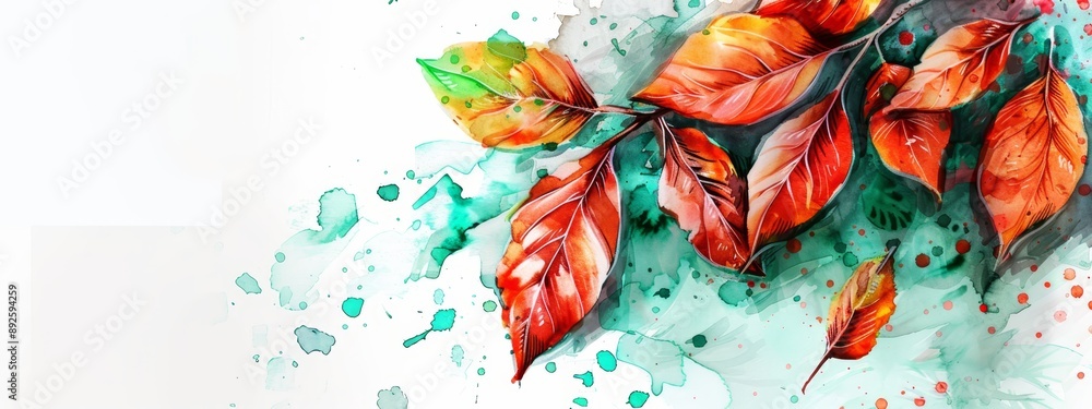 Wall mural  Red and green leaves painted against a pristine white backdrop; a bottom splash of paint adds vibrancy