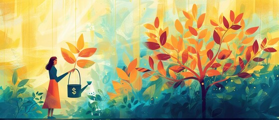 Cultivating Corporate Growth Motivated Businesswoman Watering Money Tree for Investment and Success in Business Environment