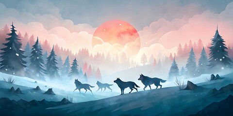 Wolf Pack Forest Sunset Scene as Wallpaper or Poster Design