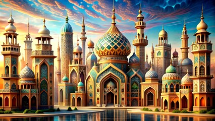 Obraz premium The Architect's Dream: A whimsical architectural illustration featuring intricate geometric patterns and fantastical structures soaring into the sky. Generative AI Automated art