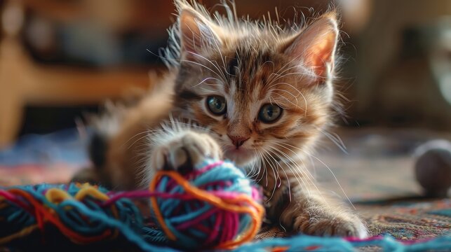 A playful kitten batting at a ball of yarn  392 cat, animal, kitten, pet, feline, domestic, fur, portrait, eyes, cute, mammal, kitty, pets, nature, eye, baby, young, hair, grass, adorable, animals, wh