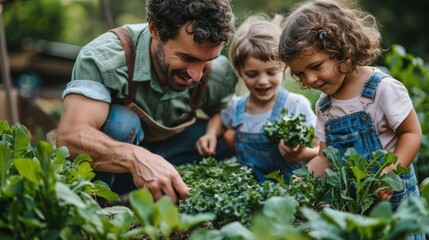 A family enjoying a day at an organic farm, picking fresh produce and learning about sustainable agriculture