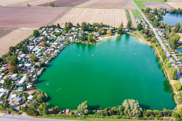 Bird's eye view of a quarry lake in the Hessisch Ried