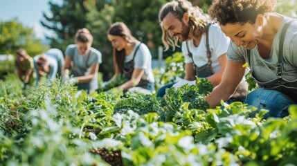 A community garden with diverse plants and vegetables, people working together happily