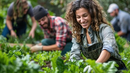 A community garden with diverse plants and vegetables, people working together happily