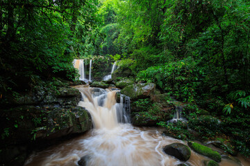 Aerial shot of the Sapan waterfall in Nan Province, Thailand