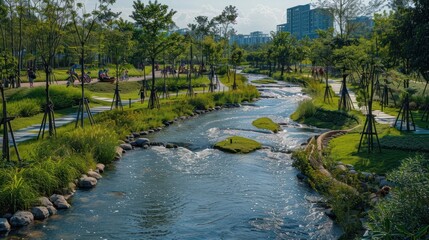 Naklejka premium A clean river running through a city, with green spaces and people enjoying recreational activities