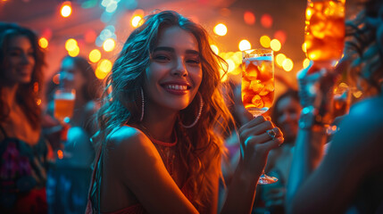 Obraz premium Lively Party Scene with Friends Enjoying Drinks and Dancing