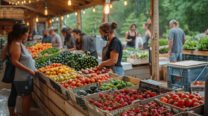 Obraz premium A bustling farmer's market with fresh, organic produce and a community engaged in sustainable practices