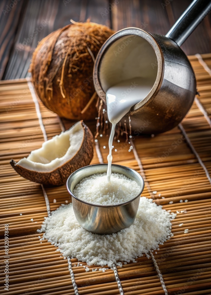 Sticker coconut milk being poured into a bowl on a wooden surface.