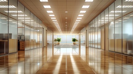 Fototapeta premium Corporate office cubicles, symmetrical layout, long hallway perspective, fluorescent ceiling lights, beige partitions, brown floor, empty workspace, sterile environment, modern office design.