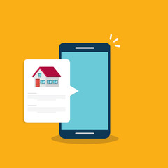 Home, house info notification on mobile phone. Digital app on smartphone device, rent or sell application or smart house notice.	