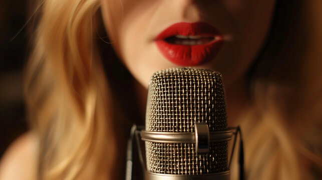 Close-up of woman's lips by microphone doing vocal recording. ASMR artist.