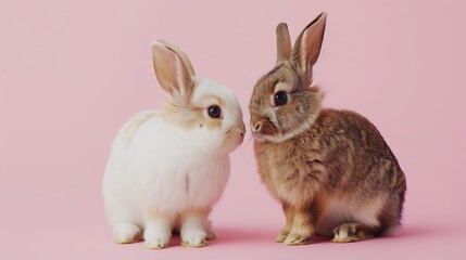 Obraz premium lovely two fluffy brown bunny and a white bunny sit on clean pink background