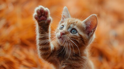 Fototapeta premium Ginger tabby kitten reaching up with paw, playful pose, curious expression, wide-eyed, fluffy fur, close-up portrait, light orange background, studio photography, whiskers visible, cat photography.
