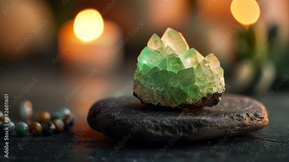 Sticker  A green rock sits atop the table, near a strand of beads and a lit candle