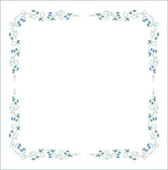 Green floral frame with blue bluebell flowers, bluebells decorative corners for greeting cards, banners, business cards, invitations, menus. Isolated vector illustration.	
