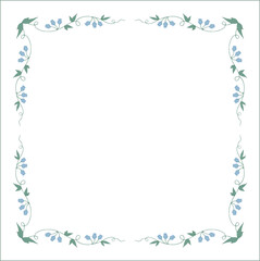 Green floral frame with blue bluebell flowers, bluebells decorative corners for greeting cards, banners, business cards, invitations, menus. Isolated vector illustration.	
