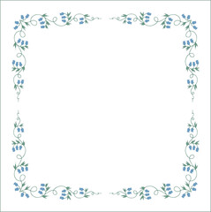 Green floral frame with blue bluebell flowers, bluebells decorative corners for greeting cards, banners, business cards, invitations, menus. Isolated vector illustration.	
