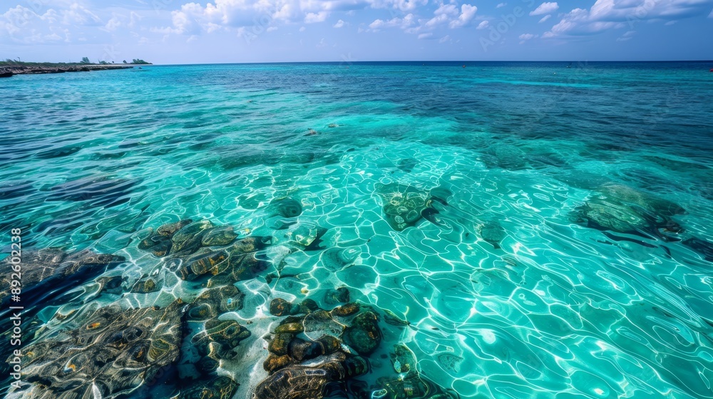 Wall mural  A tranquil body of water with rocks nestled in its center, surrounded by a clear blue sky adorned with fluffy white clouds