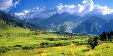 Obraz premium Ethereal Paradise Landscape: Abstract Visualization of Celestial Utopia. Surreal Natural Beauty Blending Heavenly Realms and Earthly Wonders. Dreamlike Scenery of Pure Land Serenity. 4K High-Resolutio