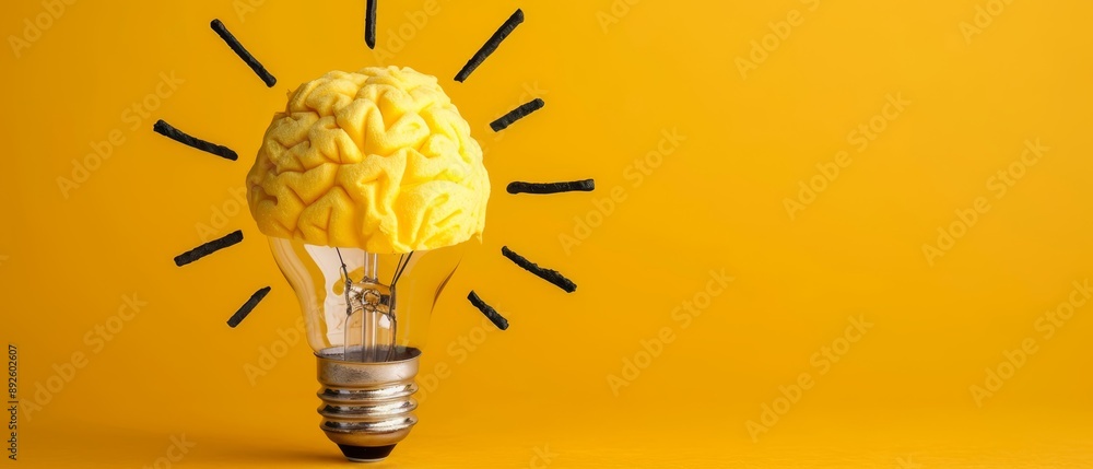 Poster  Brain-shaped light bulb with black protrusions on a yellow background