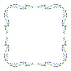 Green floral frame with purple bluebell flowers, bluebells decorative corners for greeting cards, banners, business cards, invitations, menus. Isolated vector illustration.	