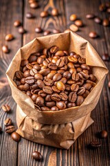 Fototapeta premium Paper bag filled with roasted coffee beans.
