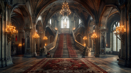 Fototapeta premium Majestic Grand Staircase in Luxurious Castle - Elegant Architectural Photo