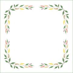 Green floral frame with colorful flowers, decorative corners for greeting cards, banners, business cards, invitations, menus. Isolated vector illustration.	