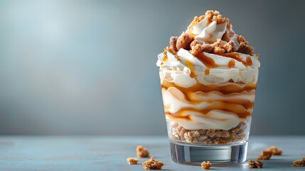Layered dessert in glass cup, whipped cream topping, caramel sauce, cookie crumbles, light blue background, close-up shot, soft lighting, creamy textures, indulgent treat, food photography.