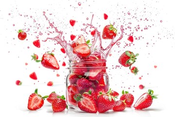 A jar filled with fresh strawberries surrounded by flying berries and splashes Isolated on white background