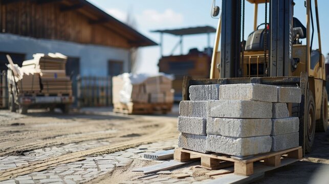 Forklift unloading bricks at a construction site.