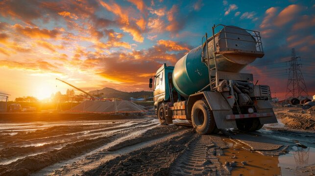 Concrete Mixer Truck at Sunset.