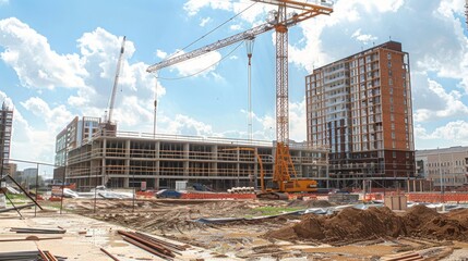 Naklejka premium Construction site with crane and buildings under construction.