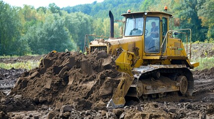 Fototapeta premium Bulldozer Digging in a Construction Site.