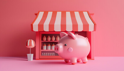 Piggy Bank in Front of Drink Shop Model Supporting Small Business Growth concept of SME funds