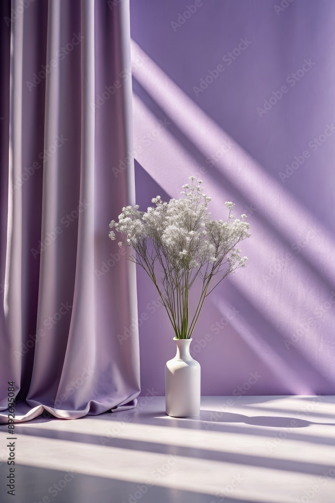 Sticker Elegant vase with white flowers casting shadows on a purple draped background.