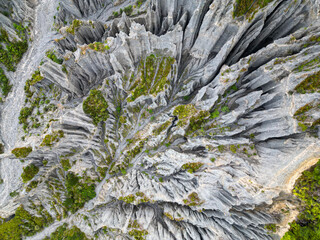 Aerial top down view of the clay cliff erosion phenomenon in the Putangirua Pinnacles, New Zealand. 