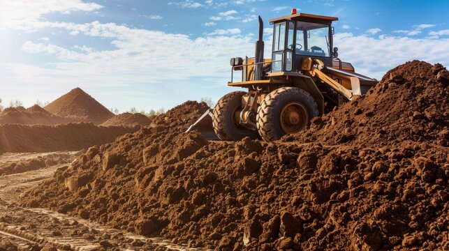Excavator working on a pile of dirt.
