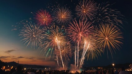 Fototapeta premium Colorful Fireworks Display Over a Crowd at Sunset