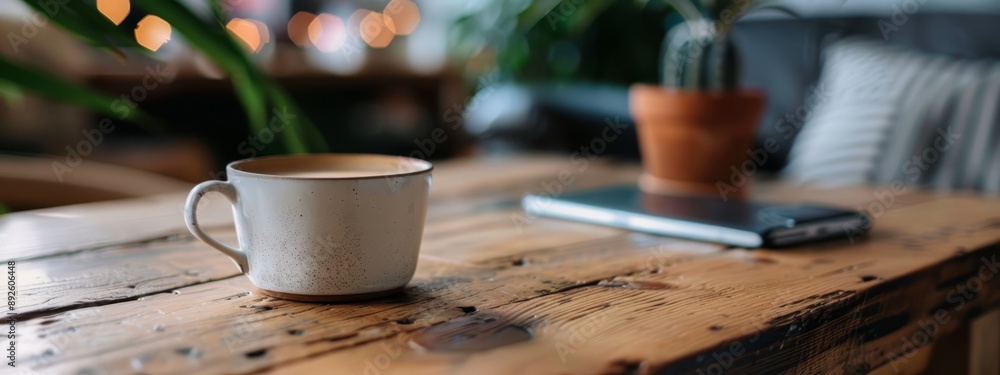 Canvas Prints  A cup of coffee atop a wooden table, beside a cell phone and a potted plant