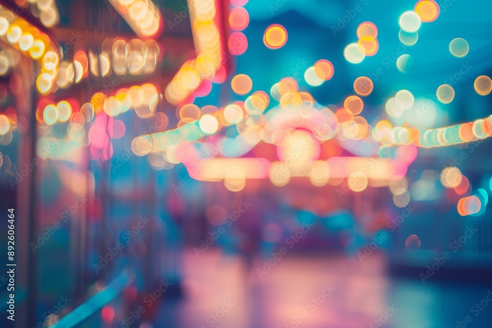 Poster abstract blurred background of colorful bokeh lights from a carousel at a night carnival